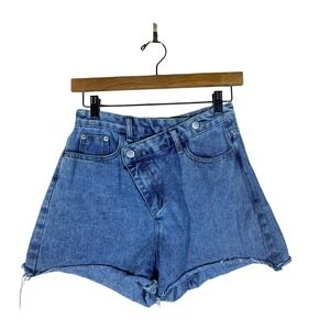 The Kript Asymmetrical Crossover Waist Denim Shorts Medium Wash Festival Size S